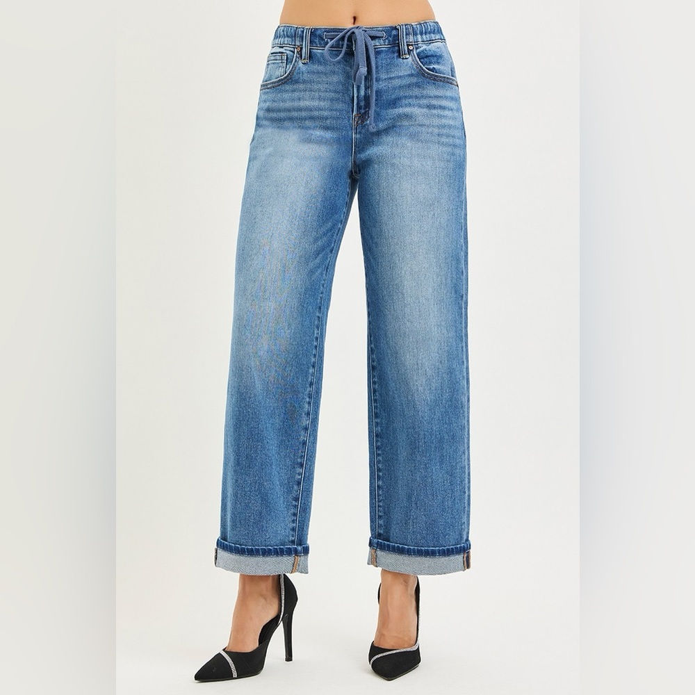 RISEN Elastic Band Slouch Ankle Boyfriend Cuffed Hem Jeans